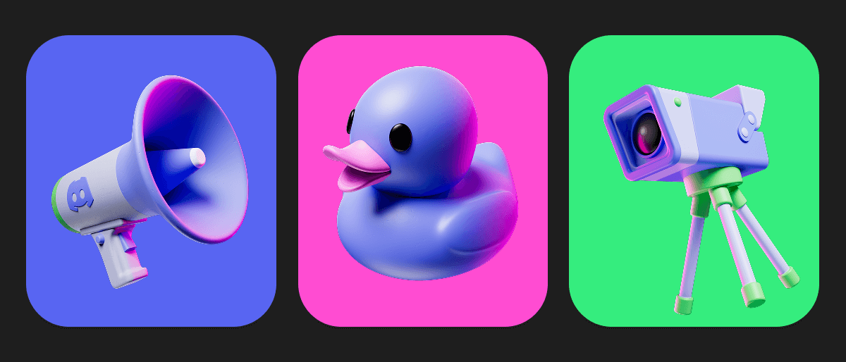 Illustration of a megaphone, rubber duck, video camera.